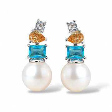 NINEMOO Azure Muse Earrings – silver-tone fittings with freshwater pearls and champagne and aqua Cubic Zirconia, front view