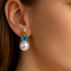 NINEMOO Azure Muse Earrings with silver-tone fittings, freshwater pearl and champagne and aqua Cubic Zirconia – worn on the ear
