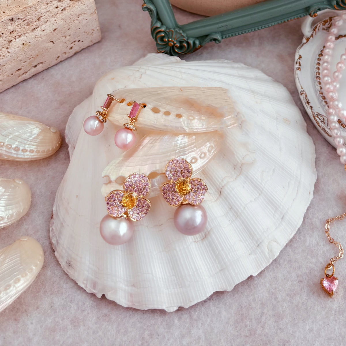 Ballet Rosé Camellia Earrings by NINEMOO – detail view