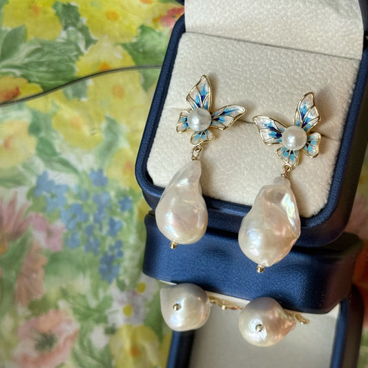 Baroque Pearl Enamel Butterfly Earrings by NINEMOO – detail view