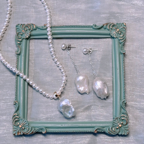 Baroque Pearl Drop Silver Chain Earrings by NINEMOO – product view 4