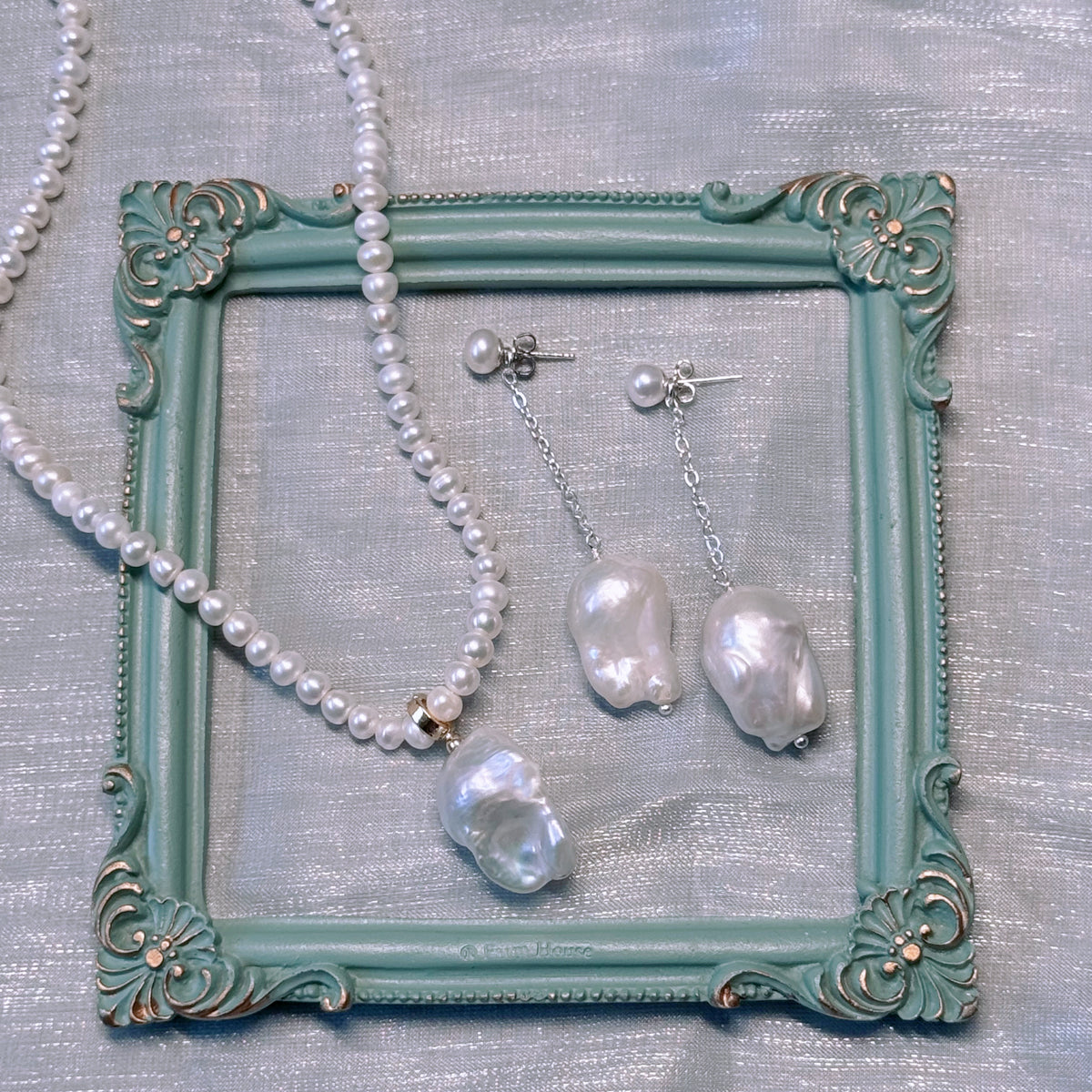 Baroque Pearl Drop Silver Chain Earrings by NINEMOO – product view 4