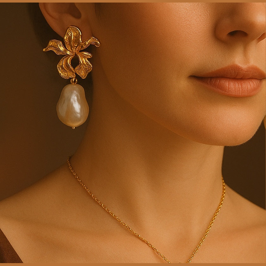 Bauhinia Blossom Baroque Pearl Earrings by NINEMOO – detail view