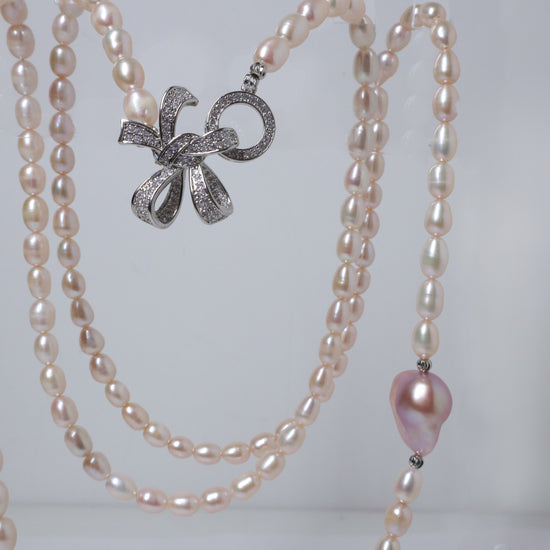 Blush Butterfly Freshwater Pink Pearl Long Necklace by NINEMOO – detail view