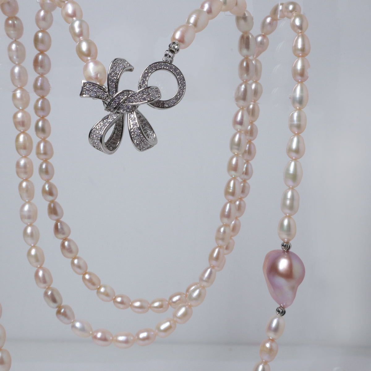 Blush Butterfly Freshwater Pink Pearl Long Necklace by NINEMOO – detail view
