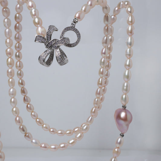 Blush Butterfly Freshwater Pink Pearl Long Necklace by NINEMOO – detail view