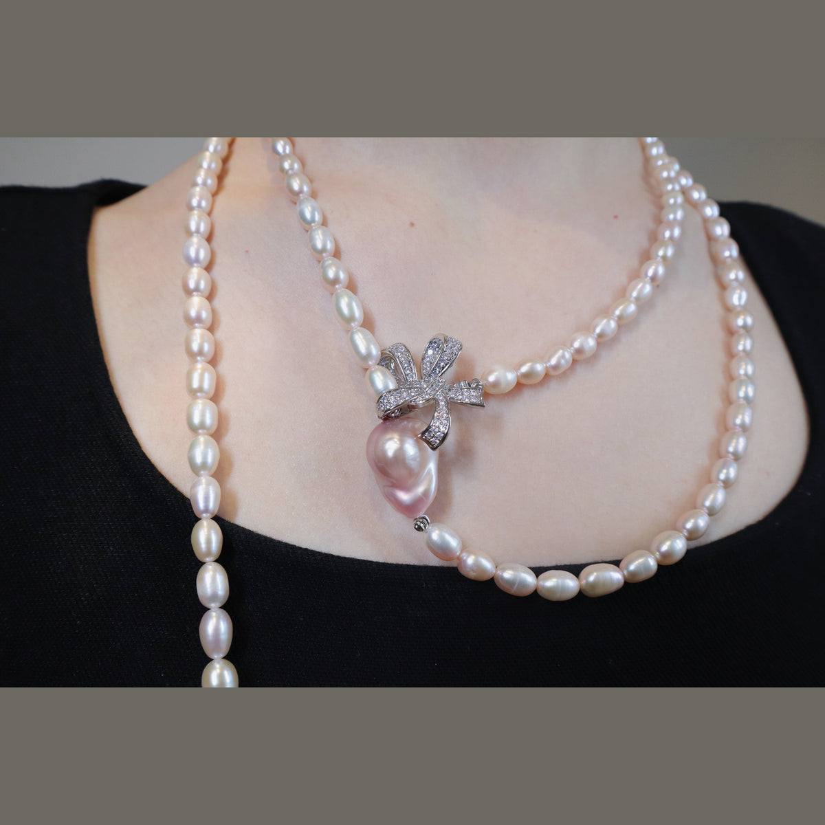 Blush Butterfly Freshwater Pink Pearl Long Necklace by NINEMOO – alternate view