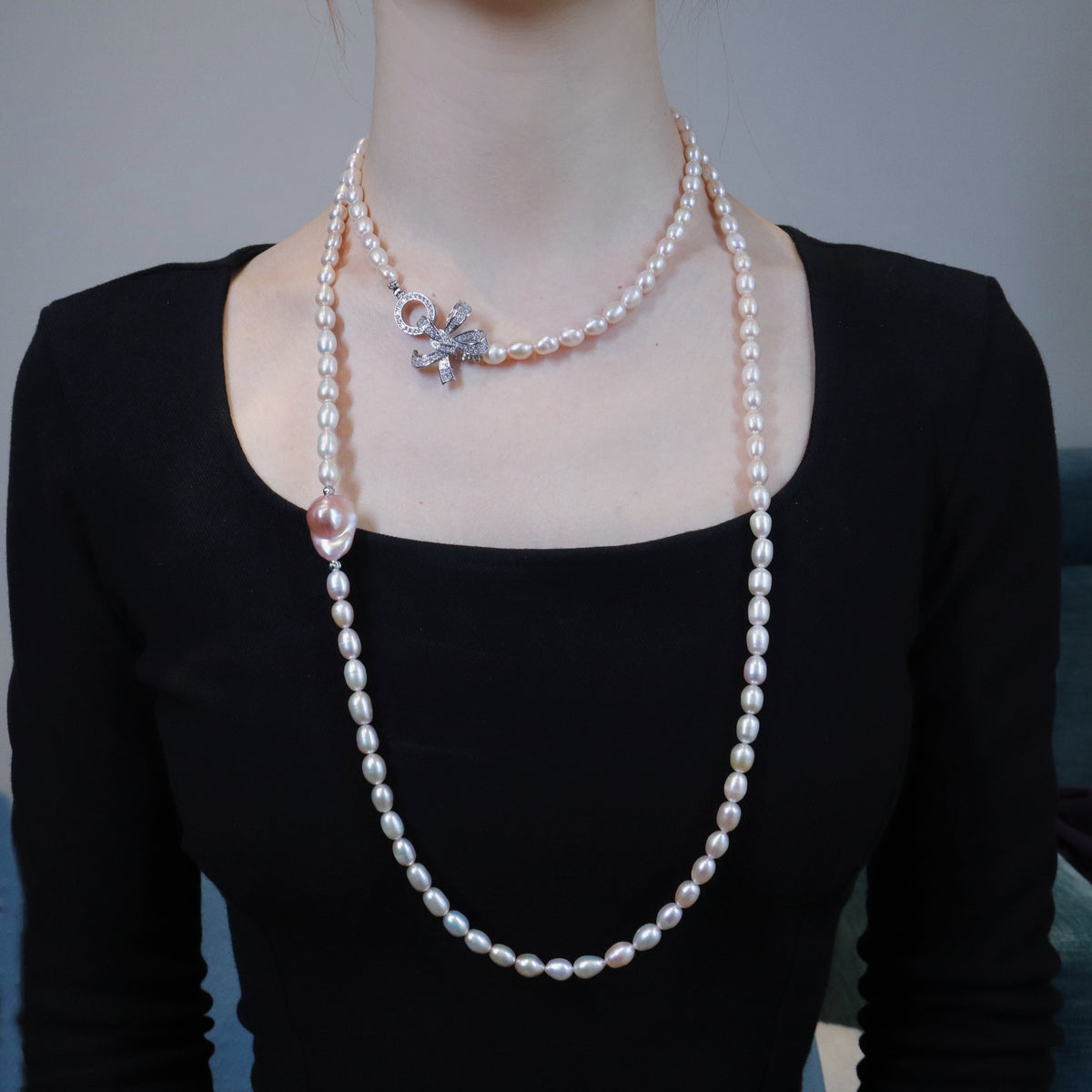 Blush Butterfly Freshwater Pink Pearl Long Necklace by NINEMOO – product view 7