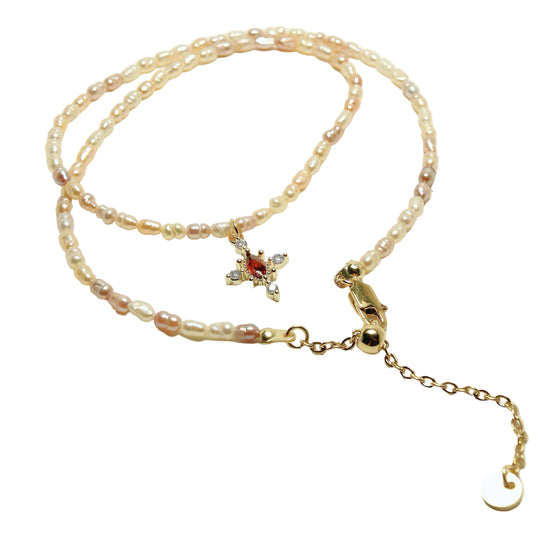 Crimson Cross Pearl Necklace by NINEMOO – product image