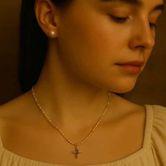 Crimson Cross Pearl Necklace by NINEMOO – detail view