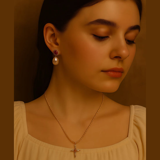 Crimson Grace Pearl Earrings by NINEMOO – detail view