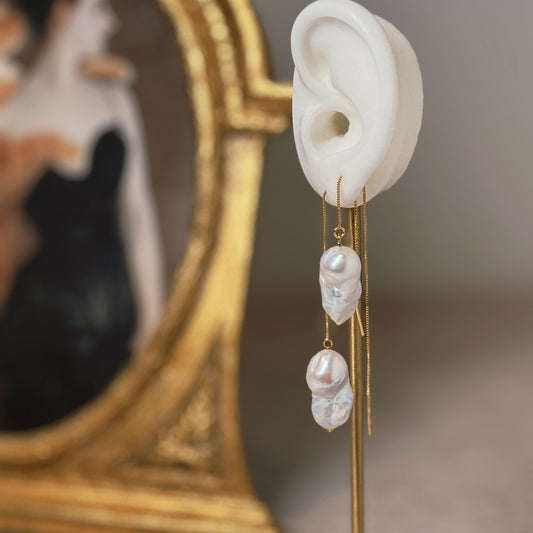 Dainty Baroque Pearl Silver Threader Earrings by NINEMOO – detail view