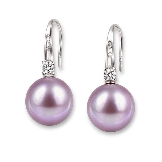 Éclat de Lune 10 mm natural purple pearl and 925 sterling silver cubic zirconia drop earrings, front view