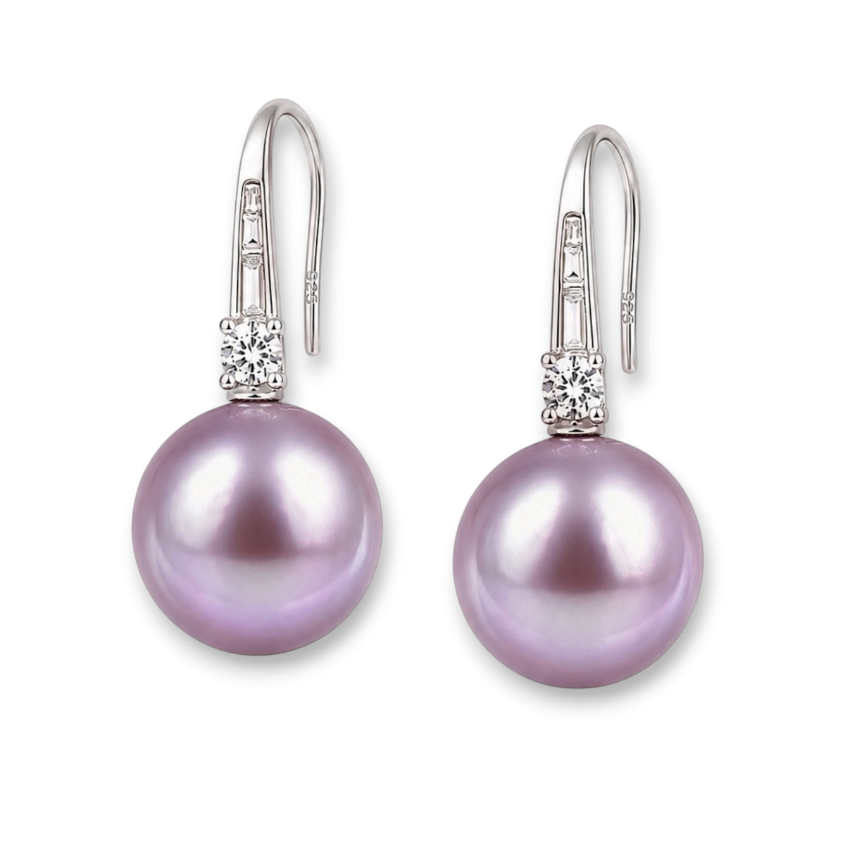 Éclat de Lune 10 mm natural purple pearl and 925 sterling silver cubic zirconia drop earrings, front view