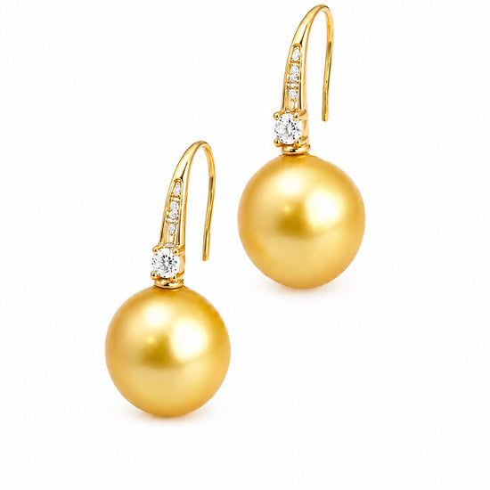 Éclat de Lune 10 mm natural golden pearl and gold-plated sterling silver cubic zirconia drop earrings, front view