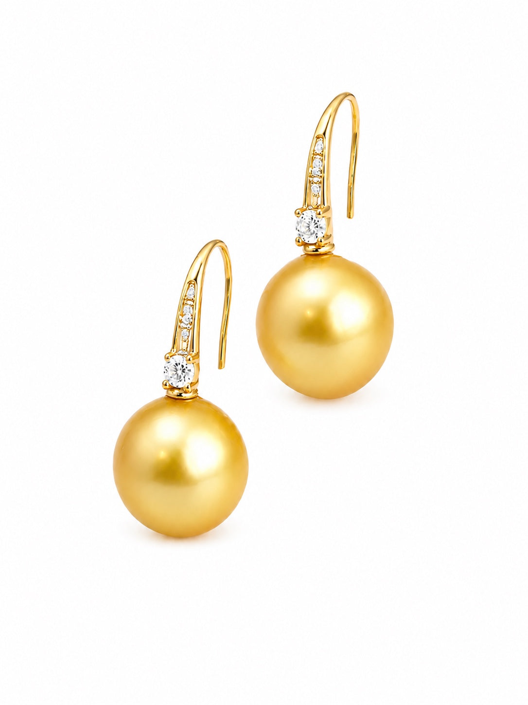 Éclat de Lune 10 mm natural golden pearl and gold-plated sterling silver cubic zirconia drop earrings, front view