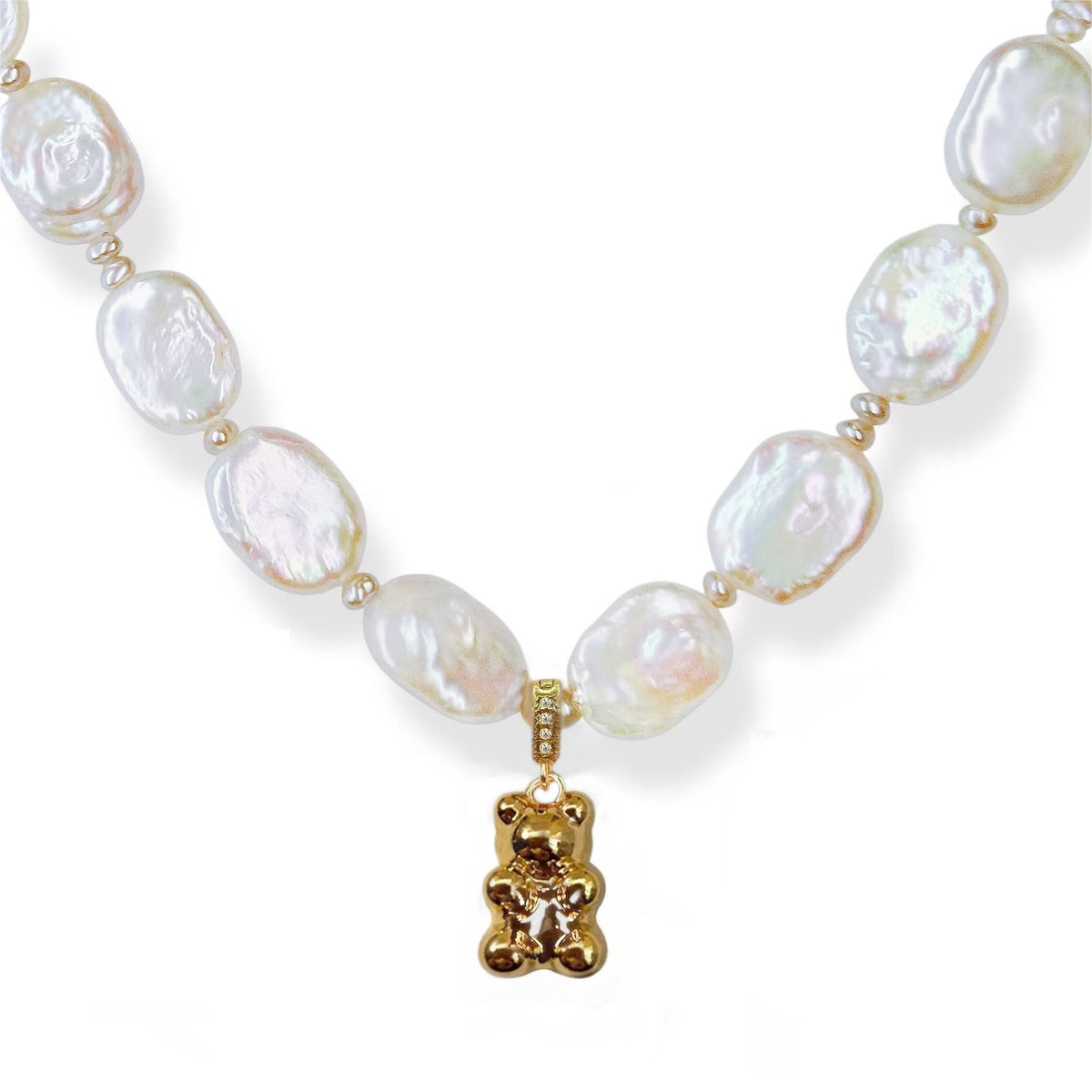 Rectangular Pearl & Bear Pendant Necklace by NINEMOO – detail view
