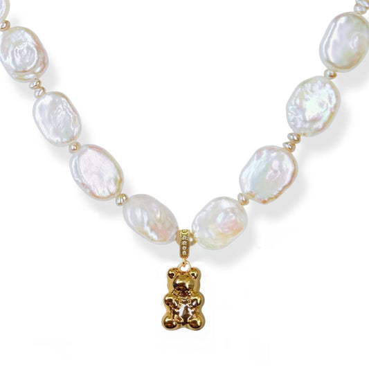 Rectangular Pearl & Bear Pendant Necklace by NINEMOO – detail view