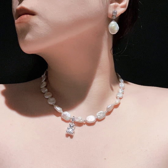 Rectangular Pearl & Bear Pendant Necklace by NINEMOO – alternate view