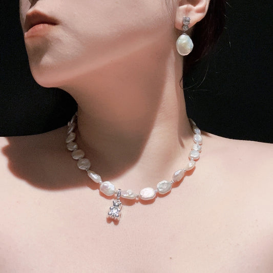 Rectangular Pearl & Bear Pendant Necklace by NINEMOO – alternate view