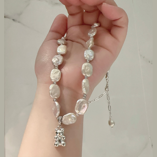 Rectangular Pearl & Bear Pendant Necklace by NINEMOO – product view 4