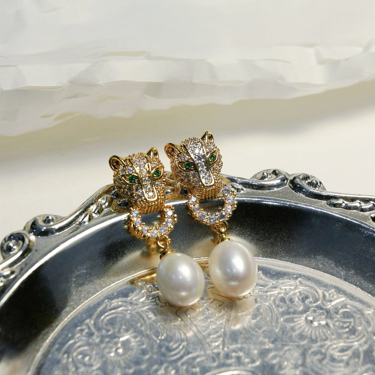 Gold Leopard Pearl Stud Earrings by NINEMOO – product view 5