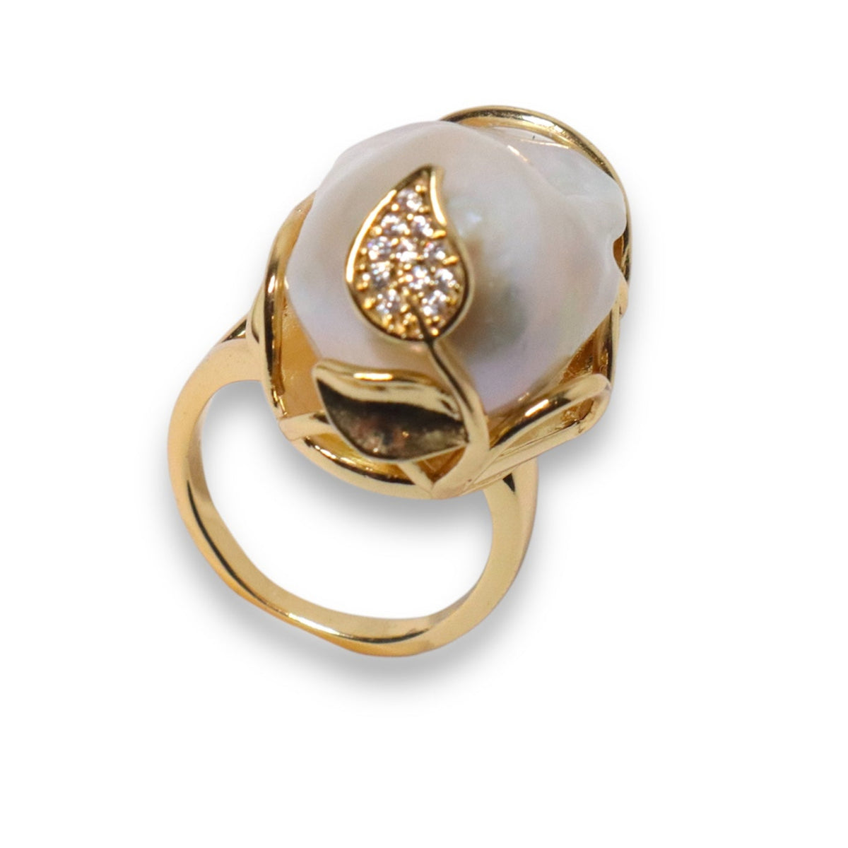 Golden Olive Leaf Baroque Pearl Ring by NINEMOO – product view 4