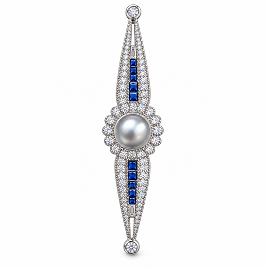 Grey pearl and blue stone brooch front view on white