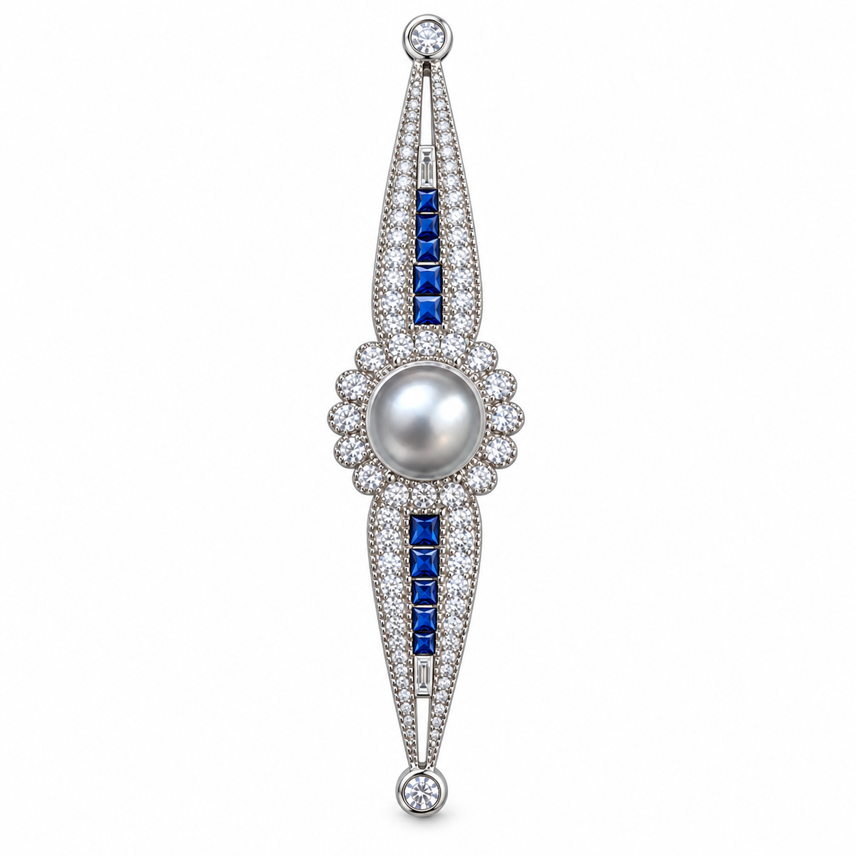 Grey pearl and blue stone brooch front view on white