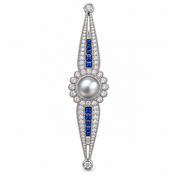 Grey pearl and blue stone brooch front view on white