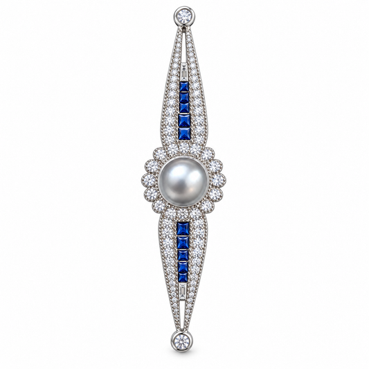 Grey pearl and blue stone brooch front view on white