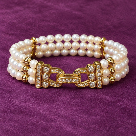 Interlace Triple Pearl Bracelet – Gold on purple velvet