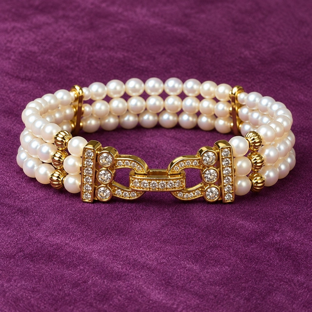 Interlace Triple Pearl Bracelet – Gold on purple velvet