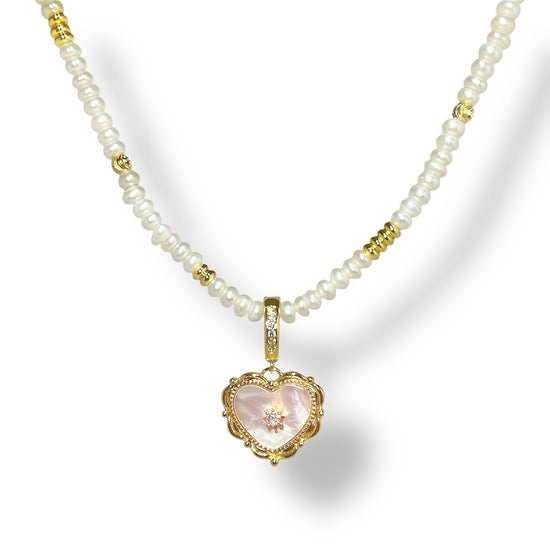 Ivory Heart Zircon Pearl Necklace by NINEMOO – detail view