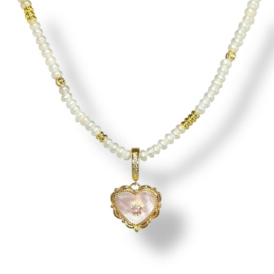 Ivory Heart Zircon Pearl Necklace by NINEMOO – detail view