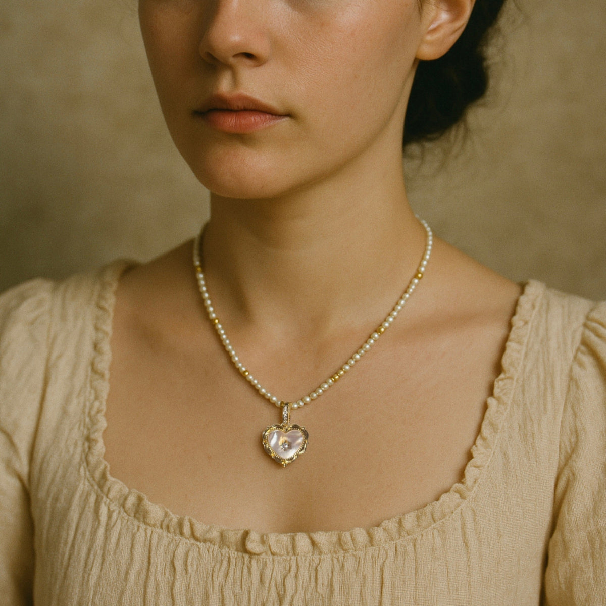 Ivory Heart Zircon Pearl Necklace by NINEMOO – alternate view