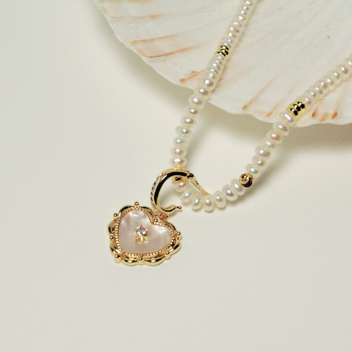 Ivory Heart Zircon Pearl Necklace by NINEMOO – product view 6