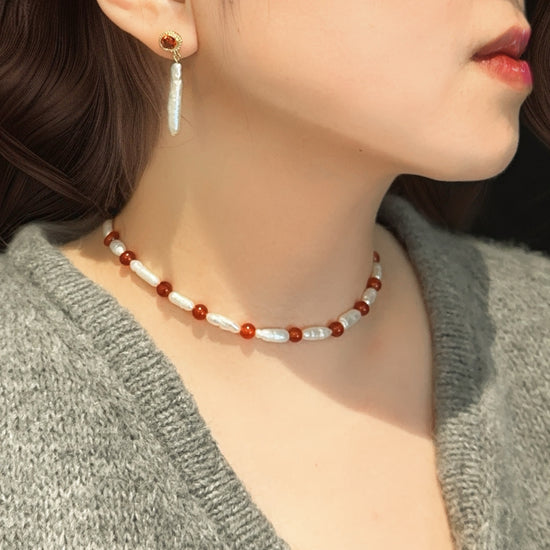Red Agate & Lute Pearl Earrings by NINEMOO – detail view