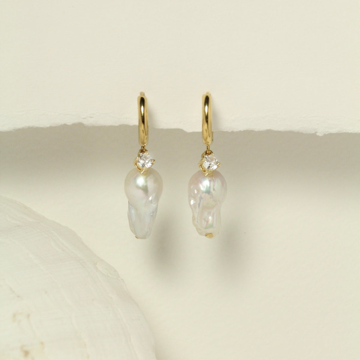 Large Pastel Baroque Pearl Golden Hoop Earrings by NINEMOO – detail view