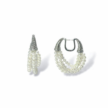 Layered Pearl Silver Horn Hoop Earrings by NINEMOO – product image
