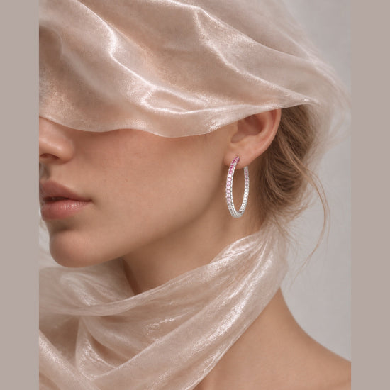Lueur Rosée Gradient Crystal Hoop Earrings in silver tone worn on model