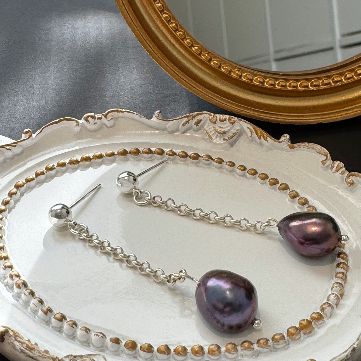 Midnight Baroque Pearl Silver Earrings by NINEMOO – alternate view