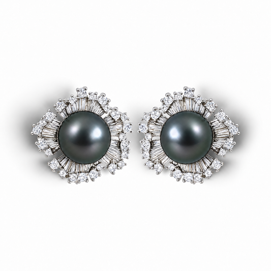 Nacre Noire Bloom earrings with dark Tahitian pearls and gemstone floral settings, mirrored pair on a white background