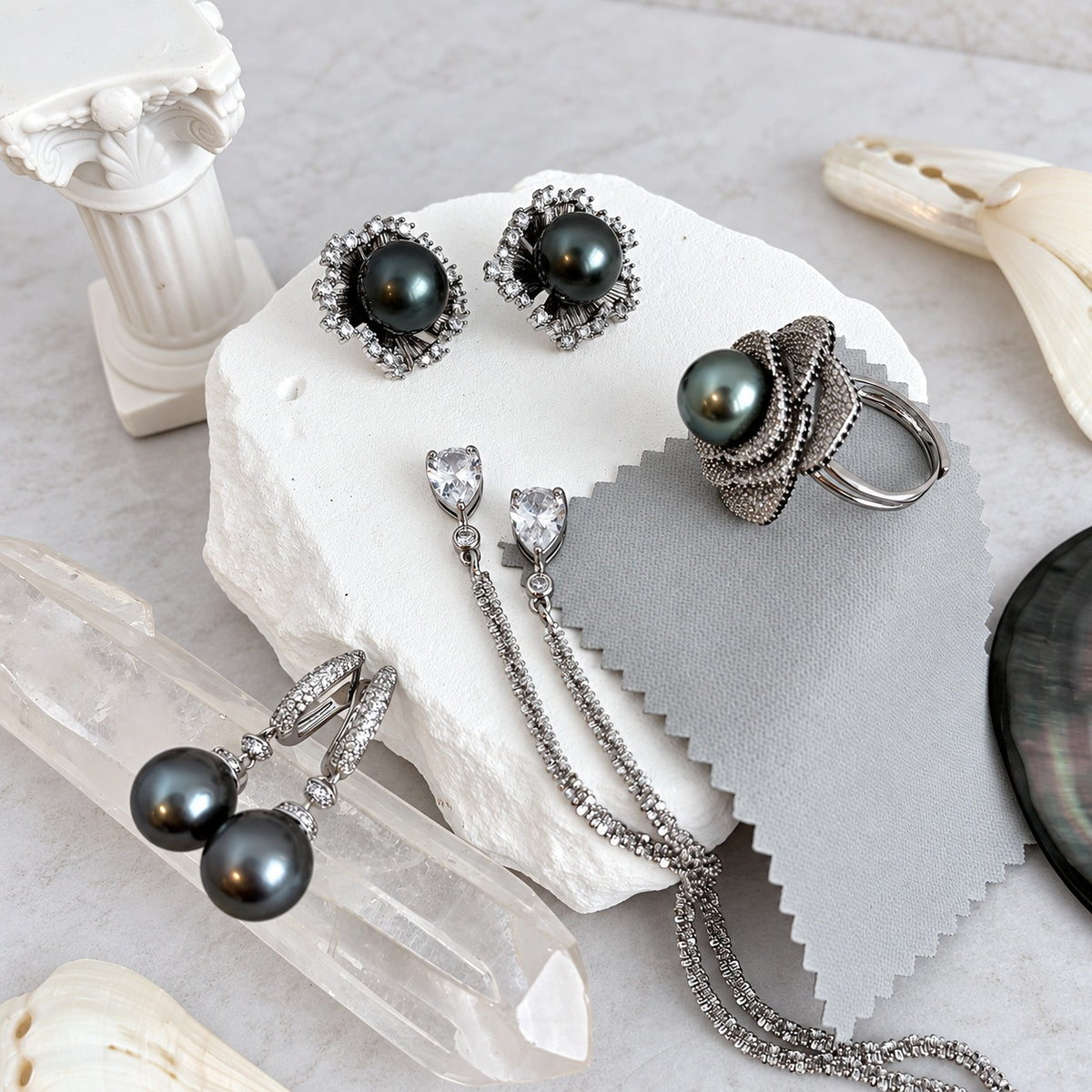 Nacre Noire pearl drop hoops jewellery art