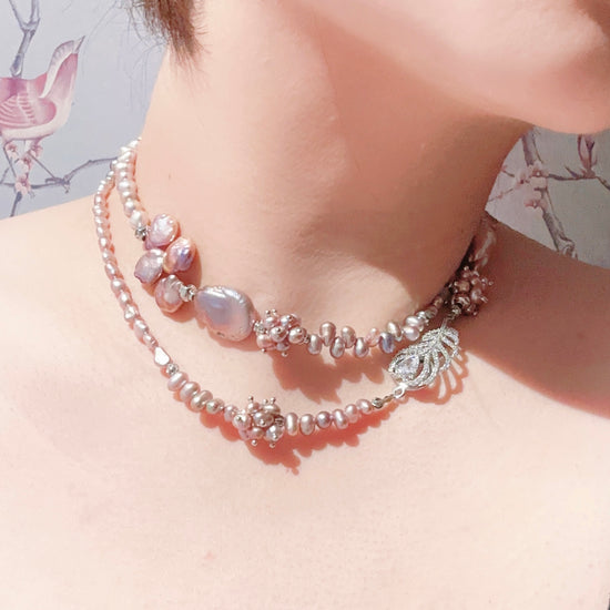 Opulent Rose Petal Pearl Cascade Necklace by NINEMOO – detail view