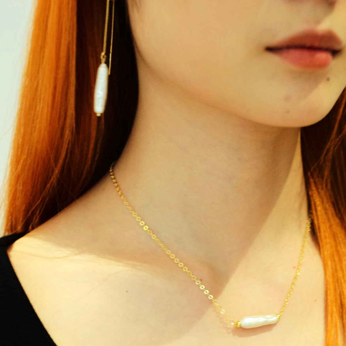 Classic Linear Pearl Threader Earrings by NINEMOO – alternate view