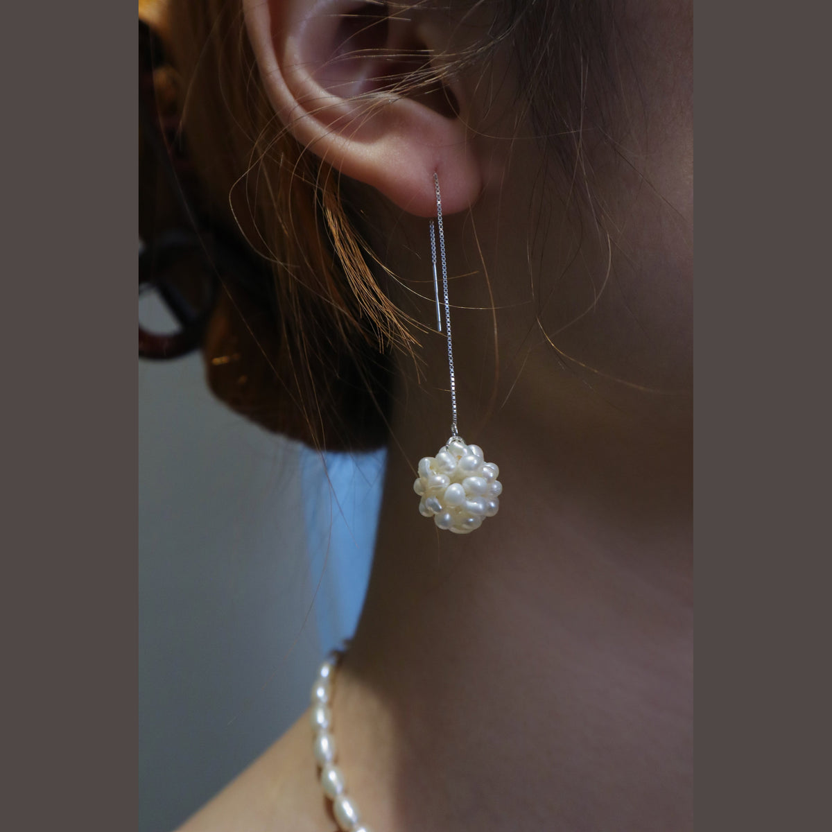 Pearl Hydrangea Threader Earrings by NINEMOO – alternate view