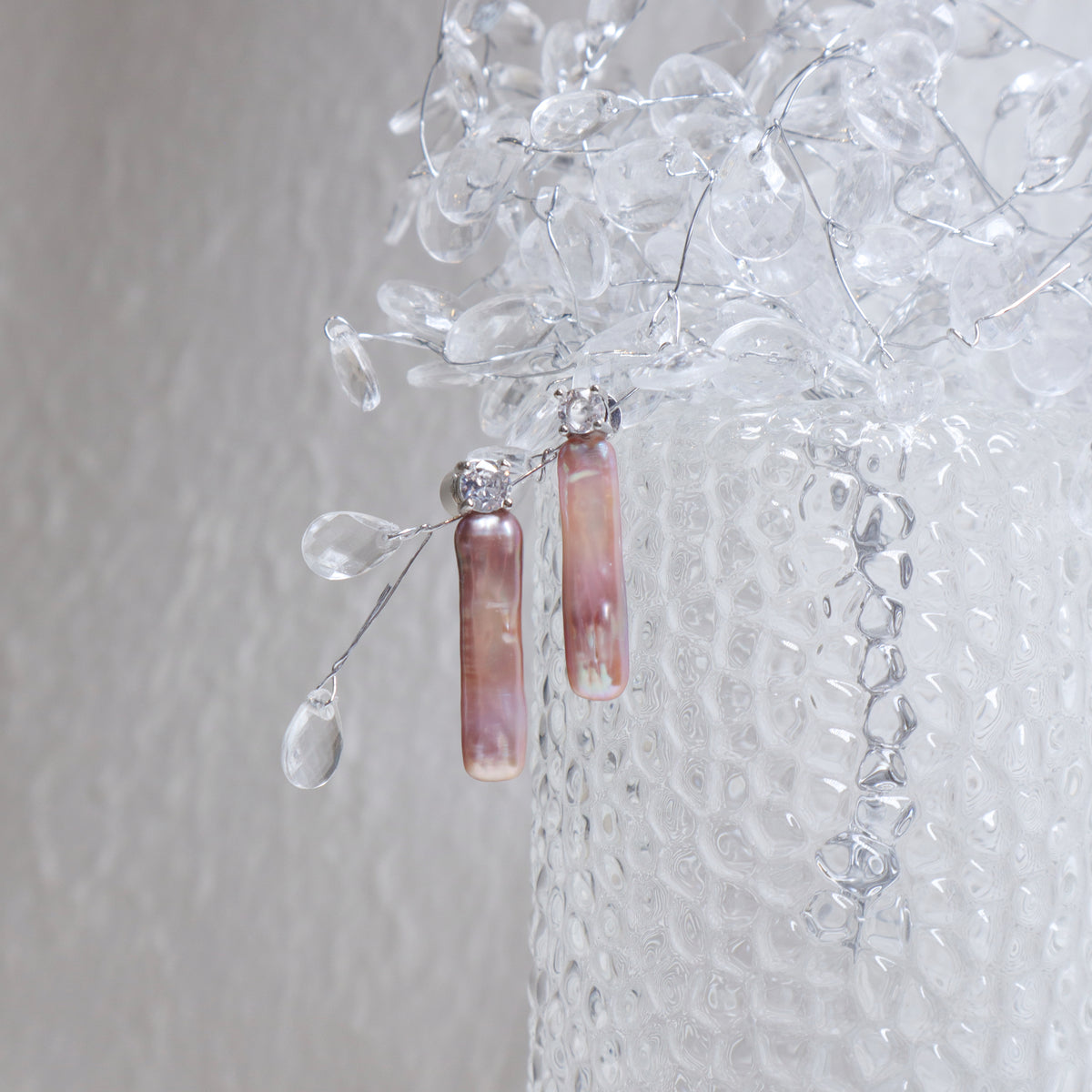 Lavender Baguette Pearl Zircon Earrings by NINEMOO – detail view