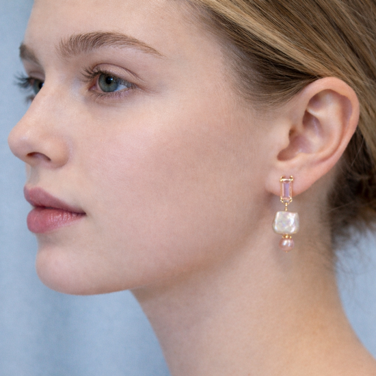 Pink Perfume Bottle Pearl Drop Earrings by NINEMOO – detail view