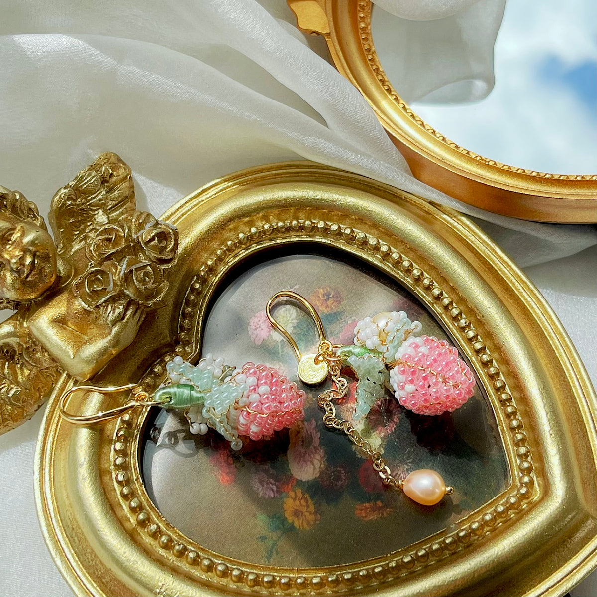 Pink Strawberry Pearl Dangle Earrings by NINEMOO – detail view